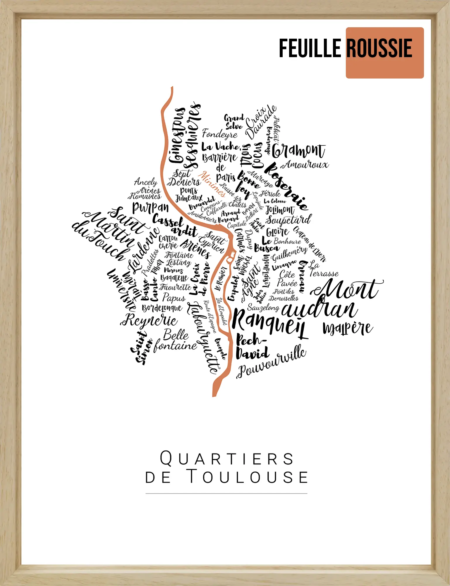 Affiche Toulouse avec les noms des quartiers personnalisée - Affichéo