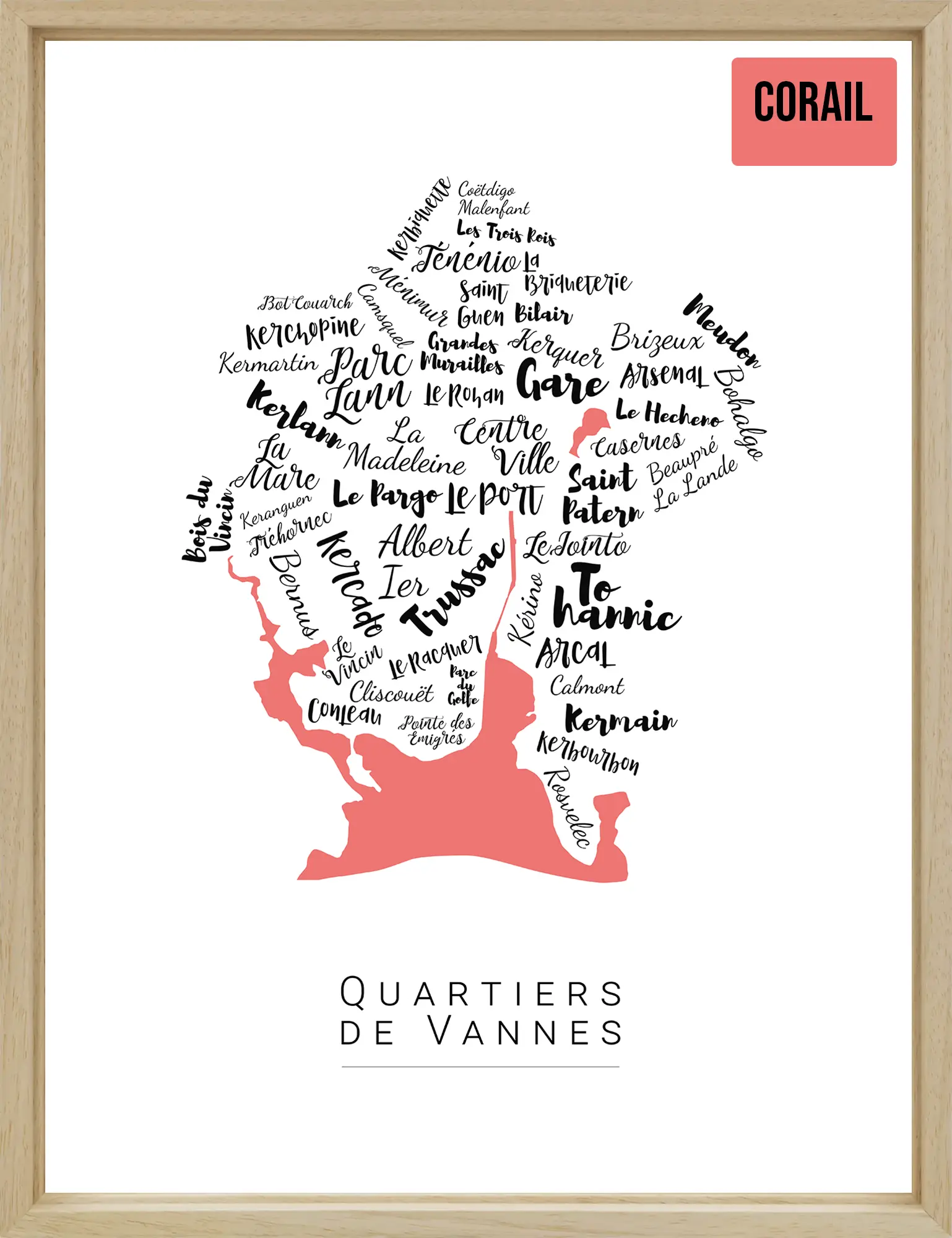 Affiche Vannes avec les noms des quartiers personnalisée - Affichéo
