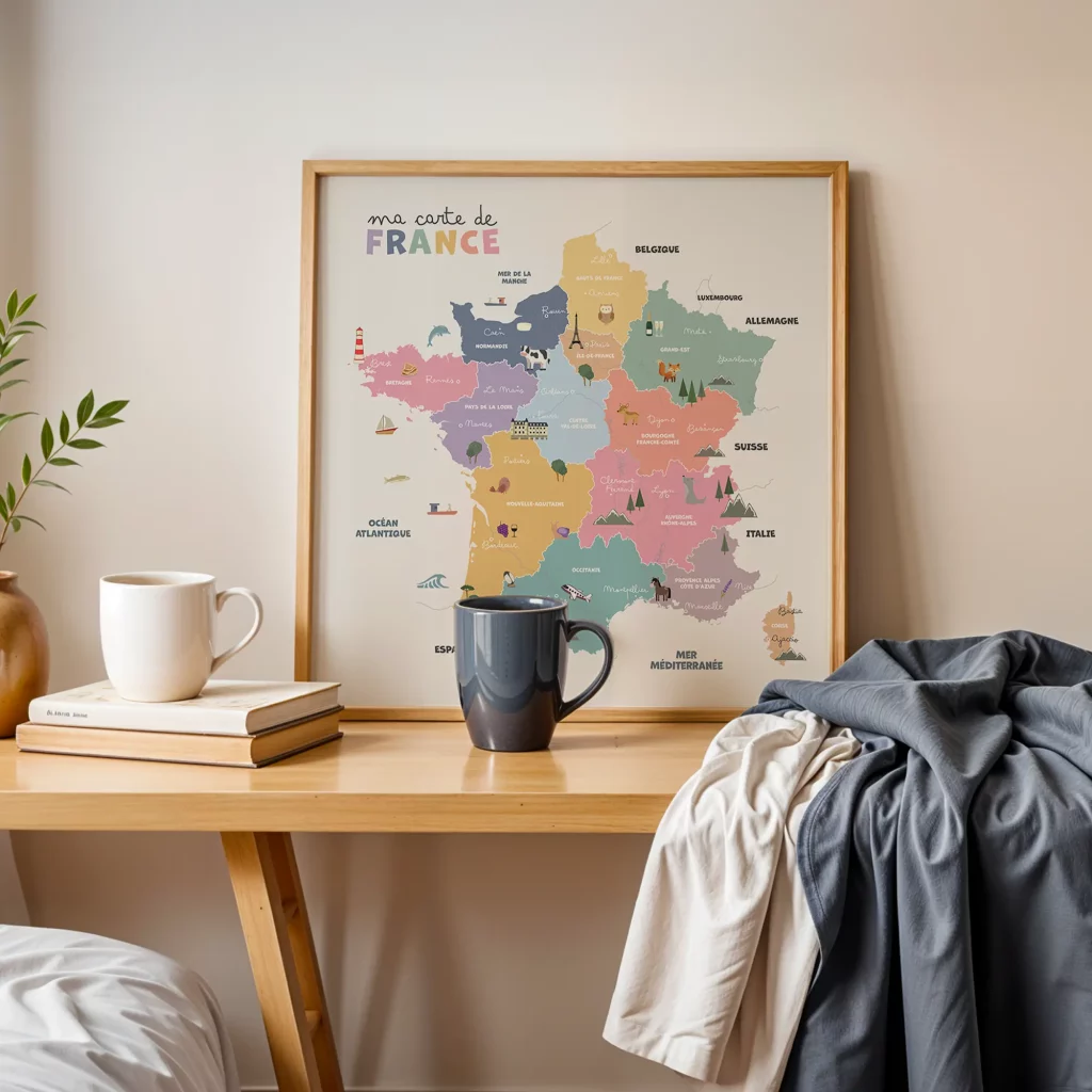 Carte de France multicolore pour enfant posée sur une table