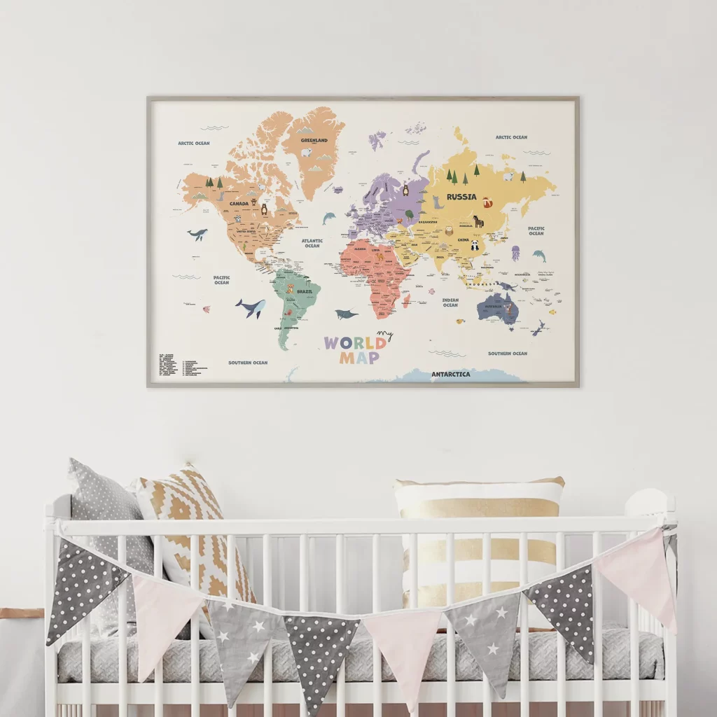 World map poster for kids in a nursery