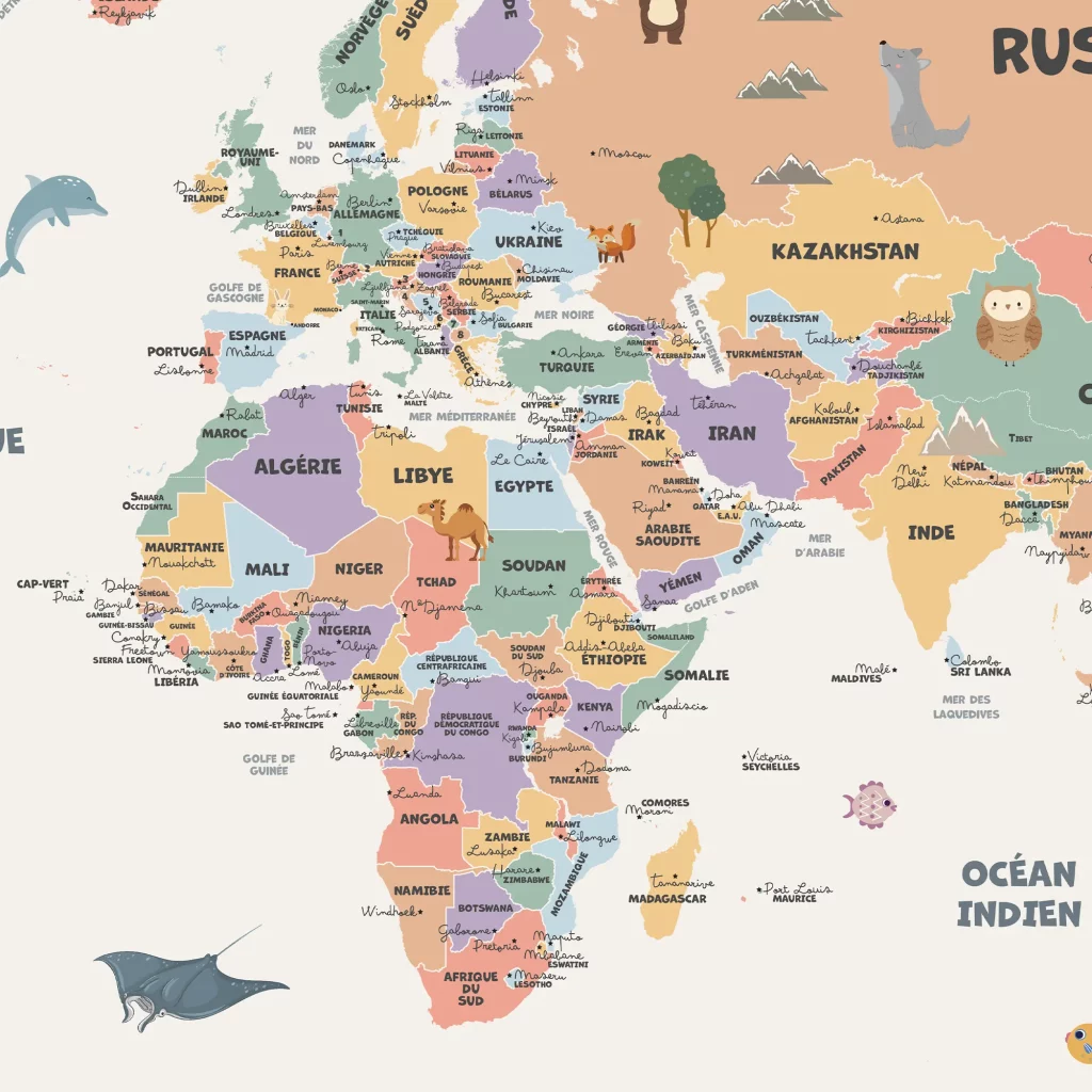 Carte du monde pour enfant multicolore - Zoom Afrique Europe