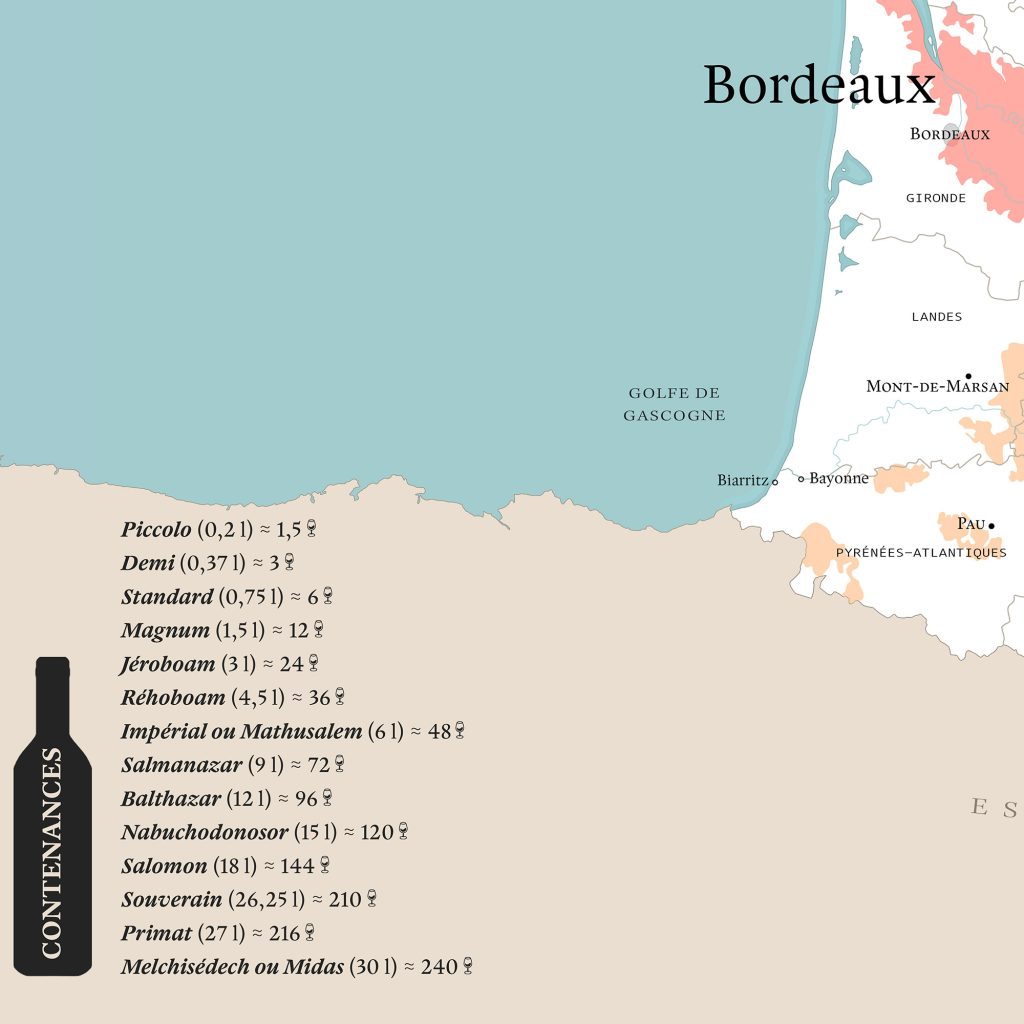 carte des vins de France, affiche murale, zoom sur les contenances des bouteilles