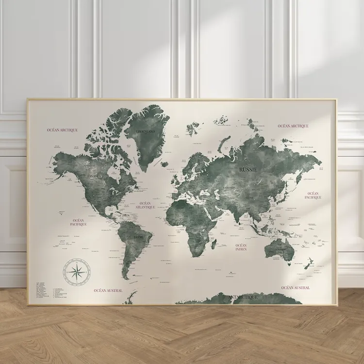 carte du monde murale décorative Carte du monde murale verte et beige