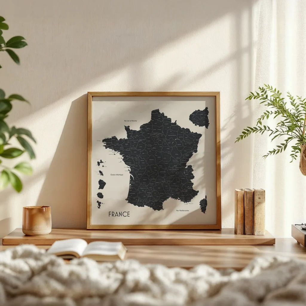 Carte des France des départements encadrée posée sur une commode