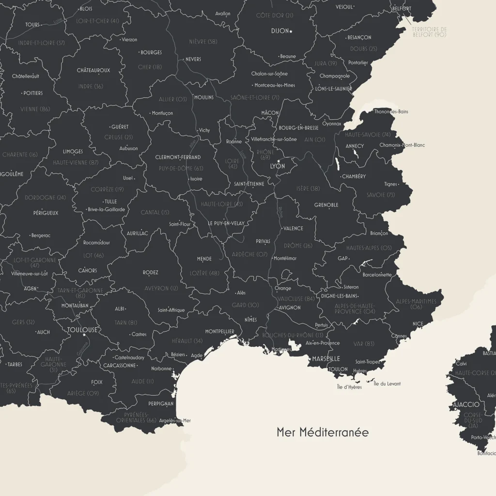 Zoom sur une carte de France des départements