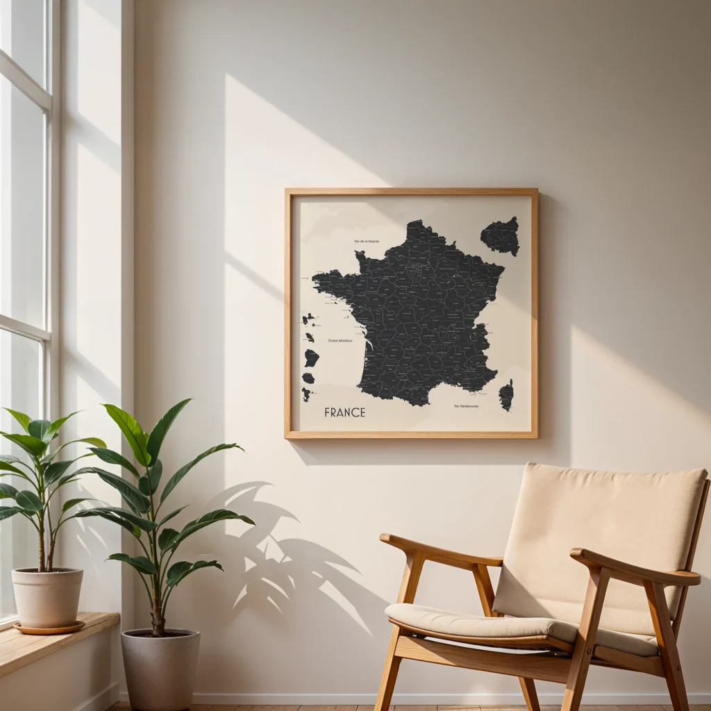 Carte des France des départements encadrée accrochée au mur