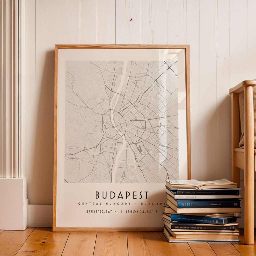 Carte Budapest noir et blanc, affiche encadrée