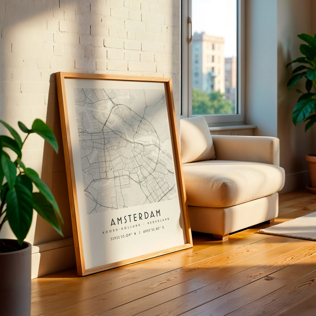 Carte Amsterdam noir et blanc, affiche encadrée