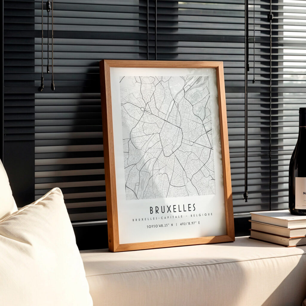 Carte Bruxelles noir et blanc, affiche encadrée