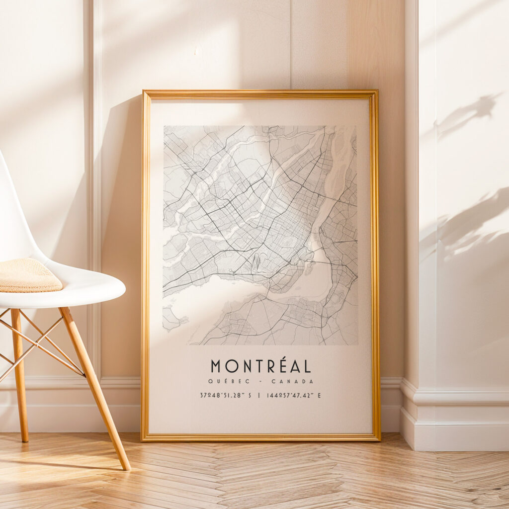 Carte Montreal noir et blanc, affiche encadrée