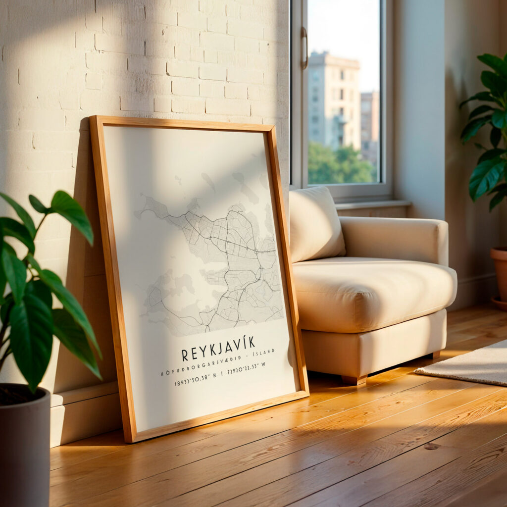 Carte Reykjavik noir et blanc, affiche encadrée