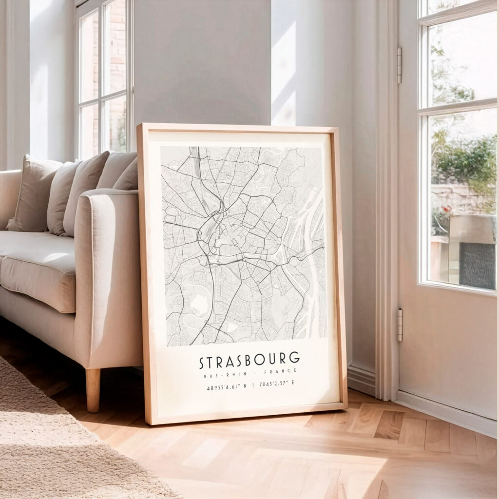 Carte de Strasbourg noir et blanc, affiche encadrée