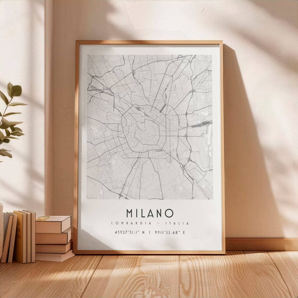 Carte Milan noir et blanc, affiche encadrée