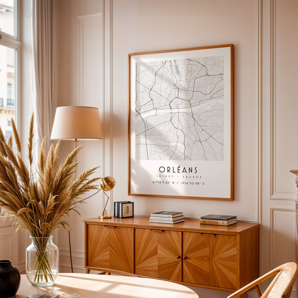 Carte d'Orléans noir et blanc, affiche encadrée