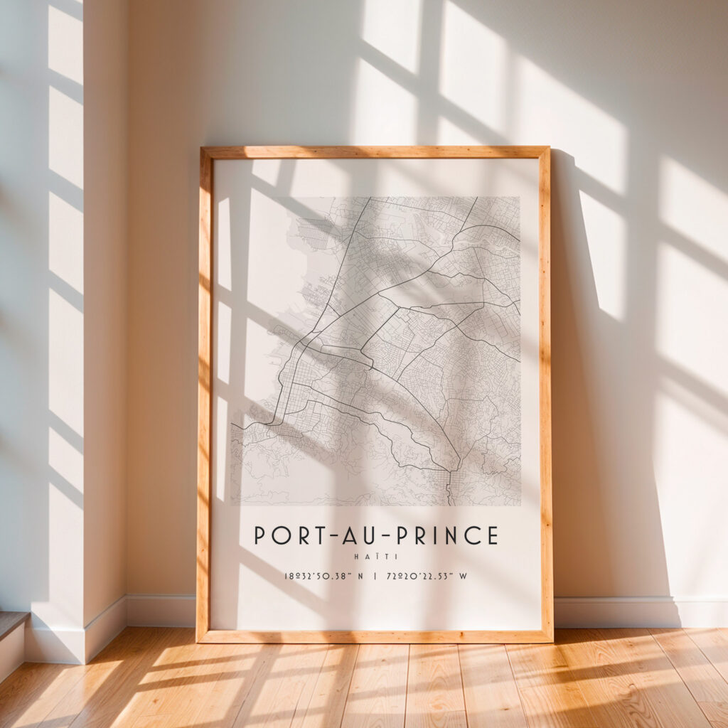 Carte Port-au-Prince noir et blanc, affiche encadrée