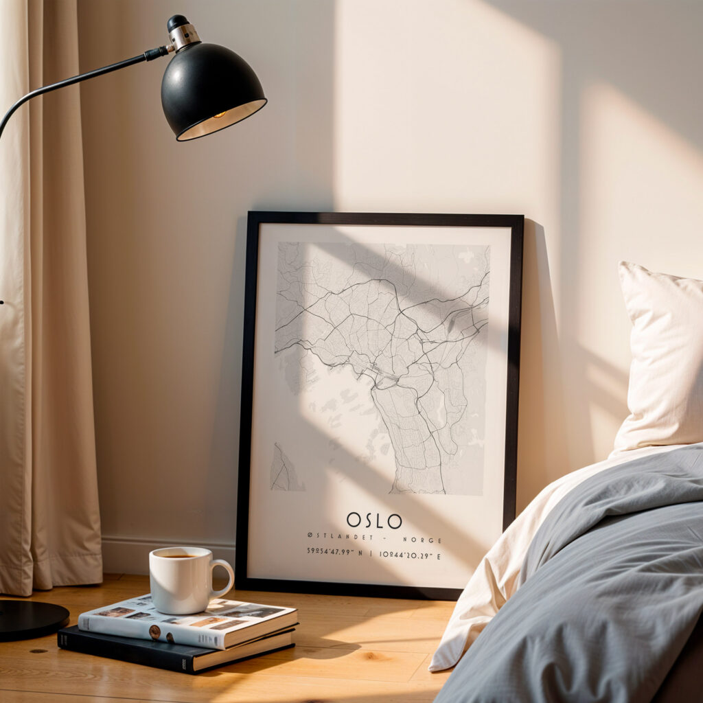 Carte Oslo noir et blanc, affiche encadrée