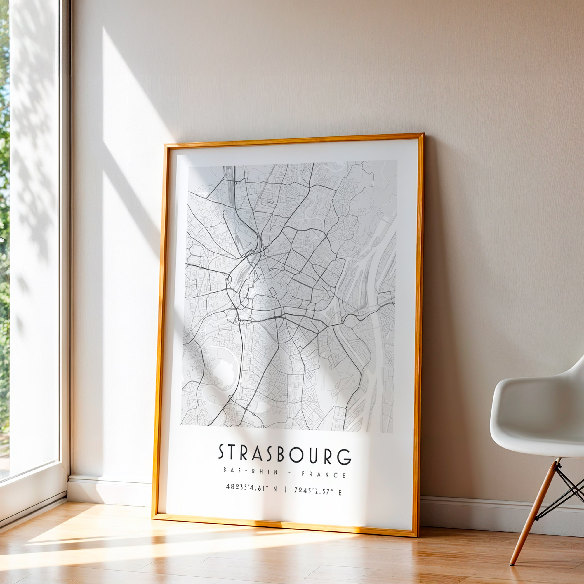 Carte de Strasbourg noir et blanc, affiche encadrée
