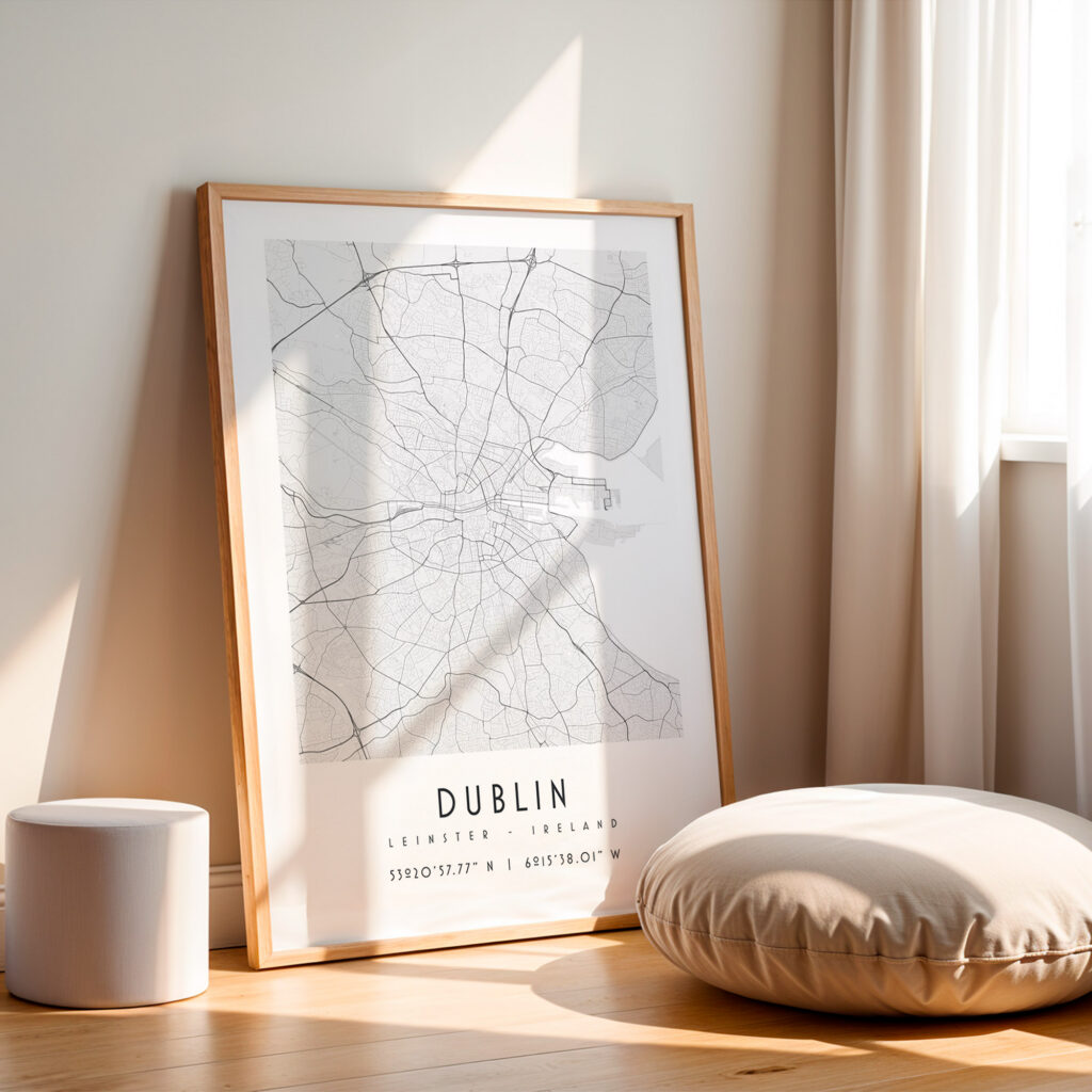 Carte Dublin noir et blanc, affiche encadrée