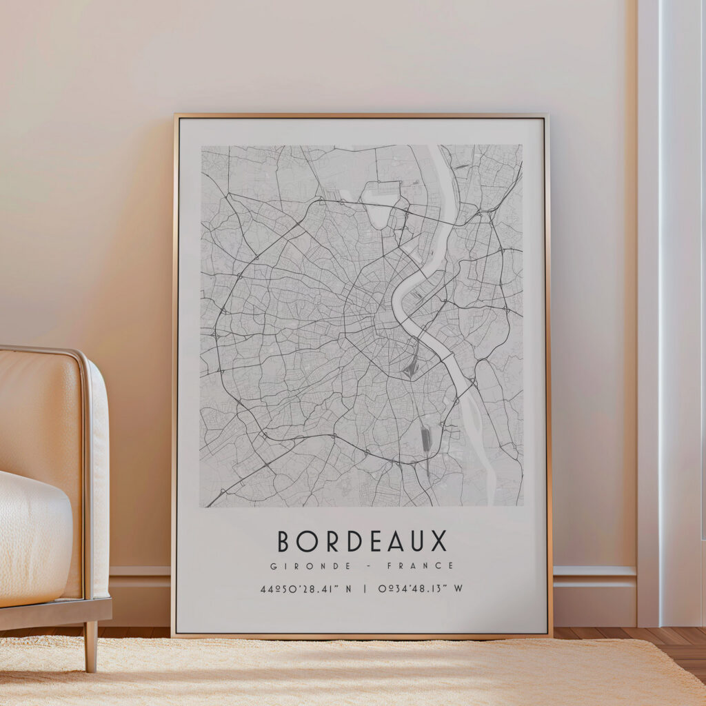 Carte de Bordeaux noir et blanc, affiche encadrée