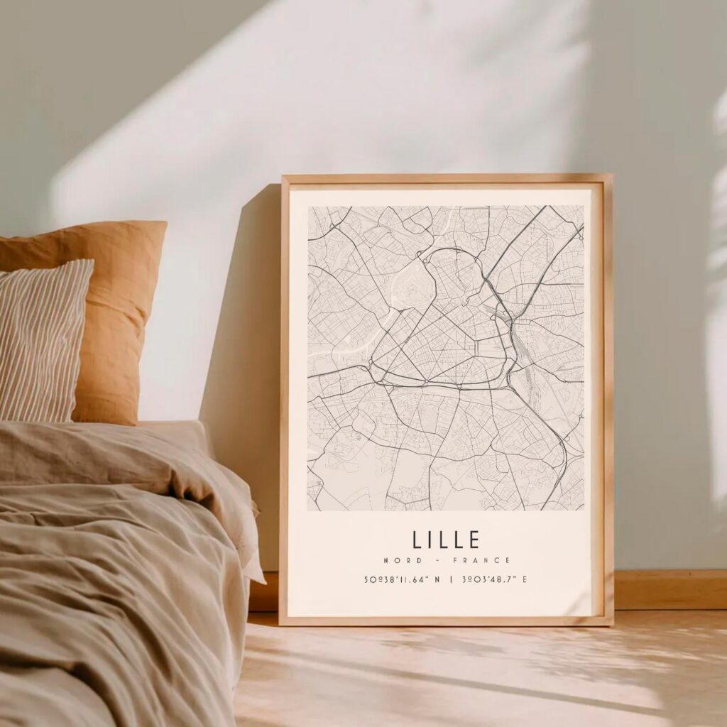 Carte de Lille noir et blanc, affiche encadrée