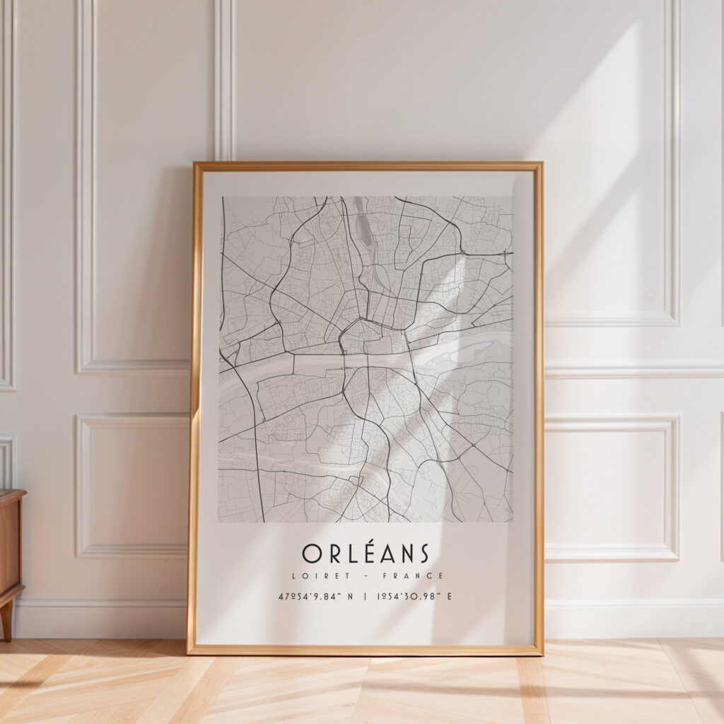 Carte d'Orléans noir et blanc, affiche encadrée
