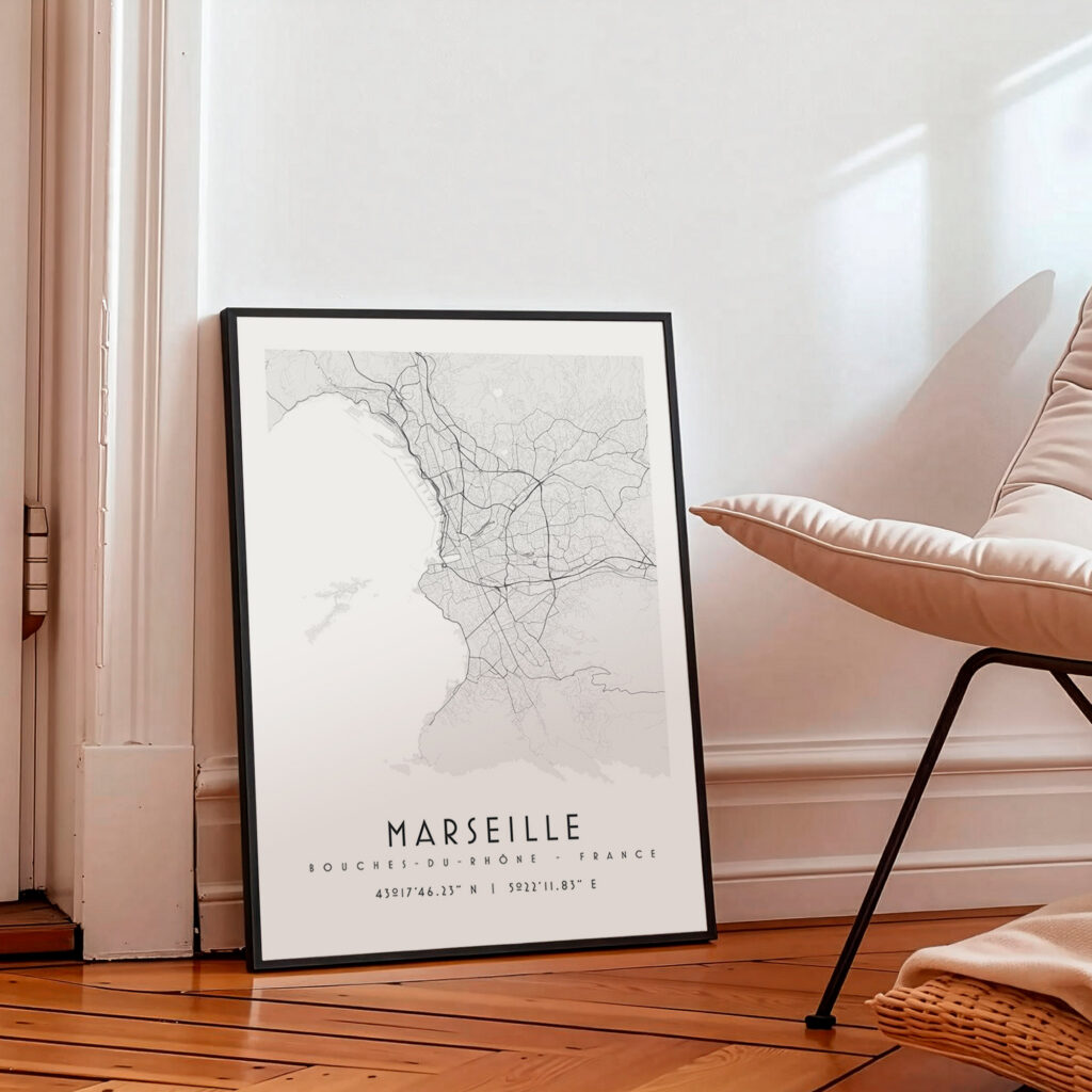 Carte de Marseille noir et blanc, affiche encadrée