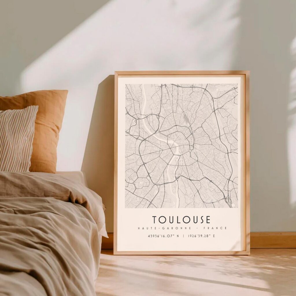 Carte de Toulouse noir et blanc, affiche encadrée