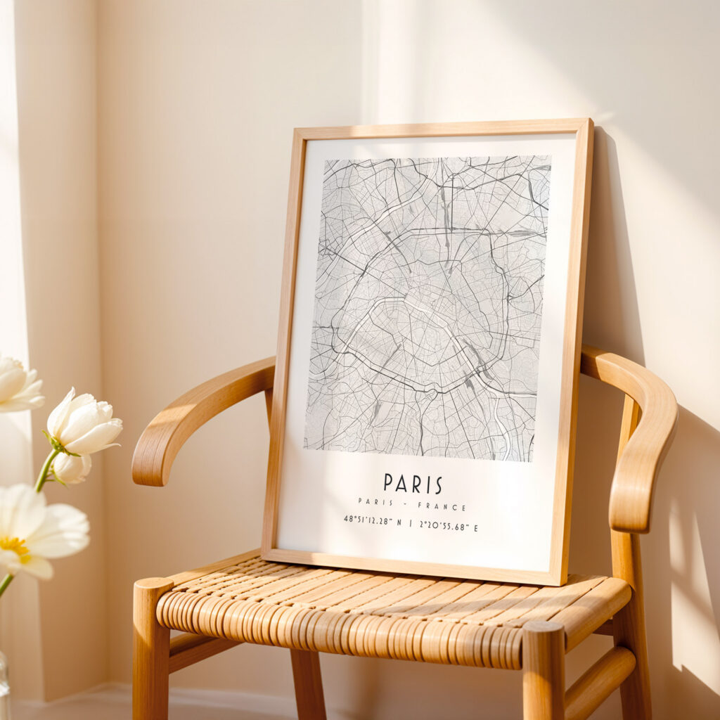 Carte de Paris noir et blanc, affiche encadrée