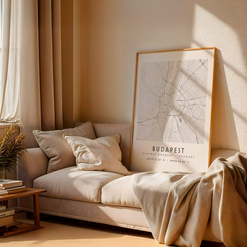 Carte Budapest noir et blanc, affiche encadrée