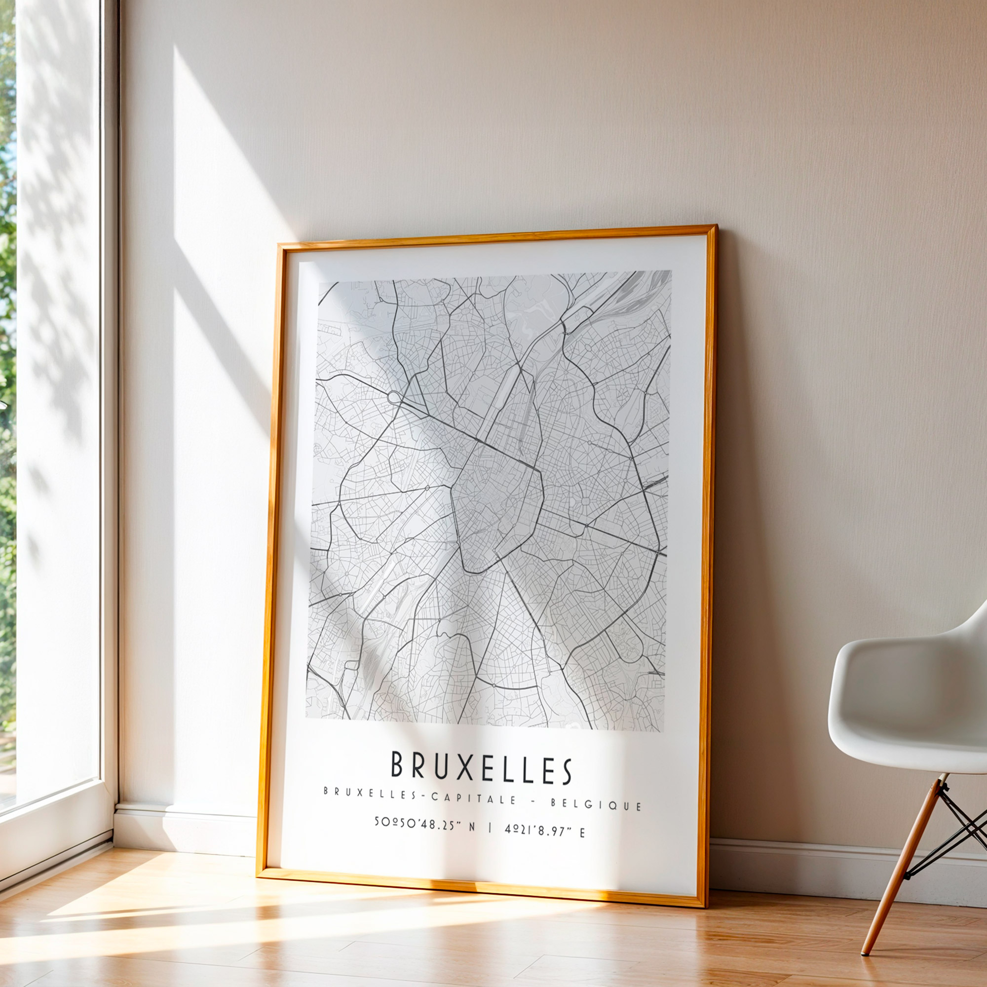 Carte Bruxelles noir et blanc, affiche encadrée