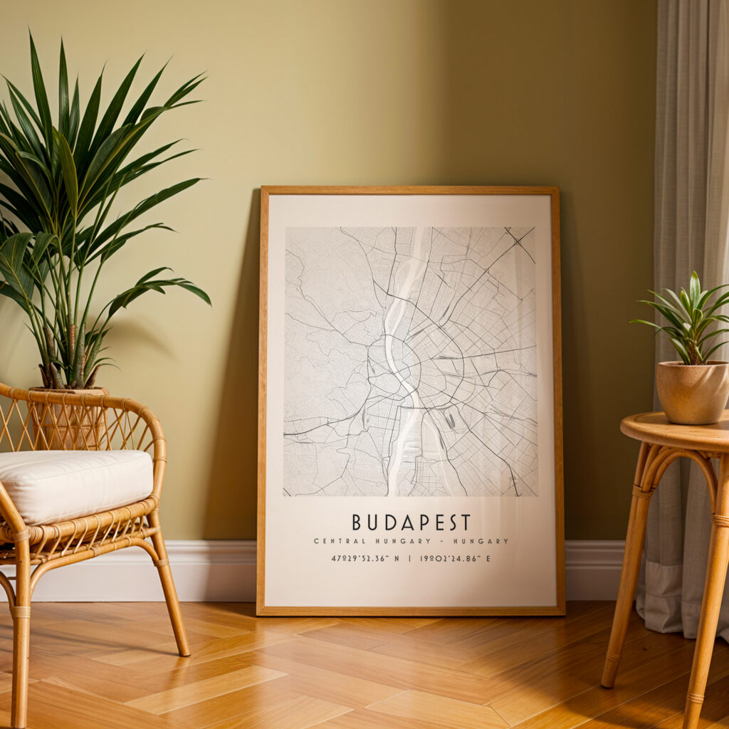 Carte Budapest noir et blanc, affiche encadrée