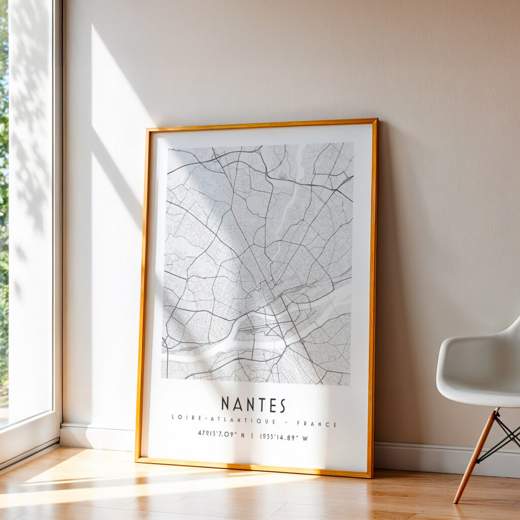 Carte de Nantes noir et blanc, affiche encadrée