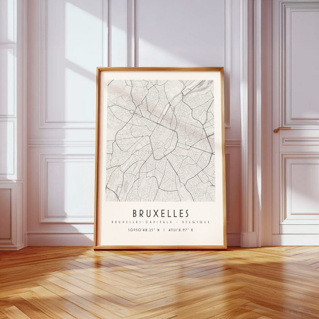Carte Bruxelles noir et blanc, affiche encadrée