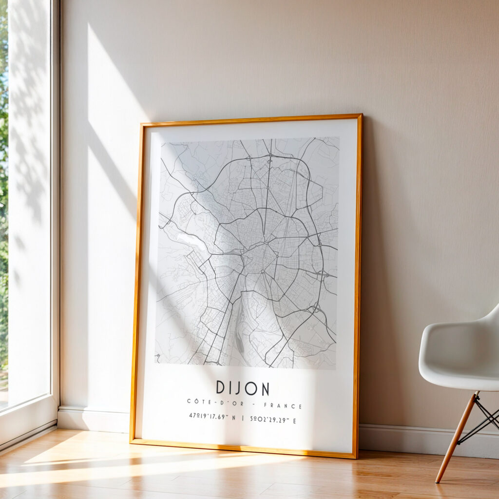 Carte de Dijon noir et blanc, affiche encadrée