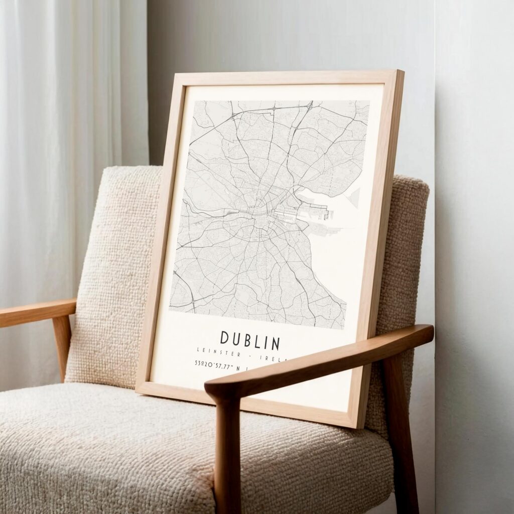 Carte Dublin noir et blanc, affiche encadrée