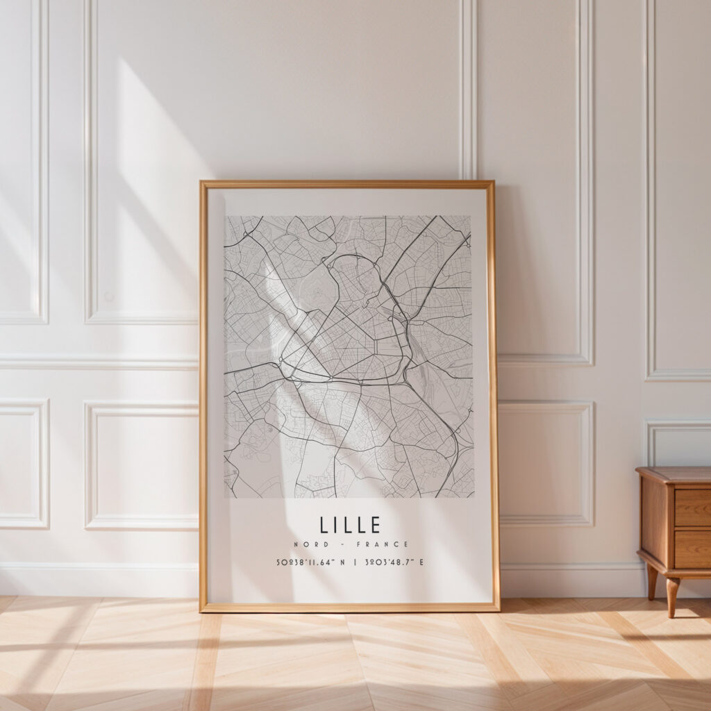 Carte de Lille noir et blanc, affiche encadrée