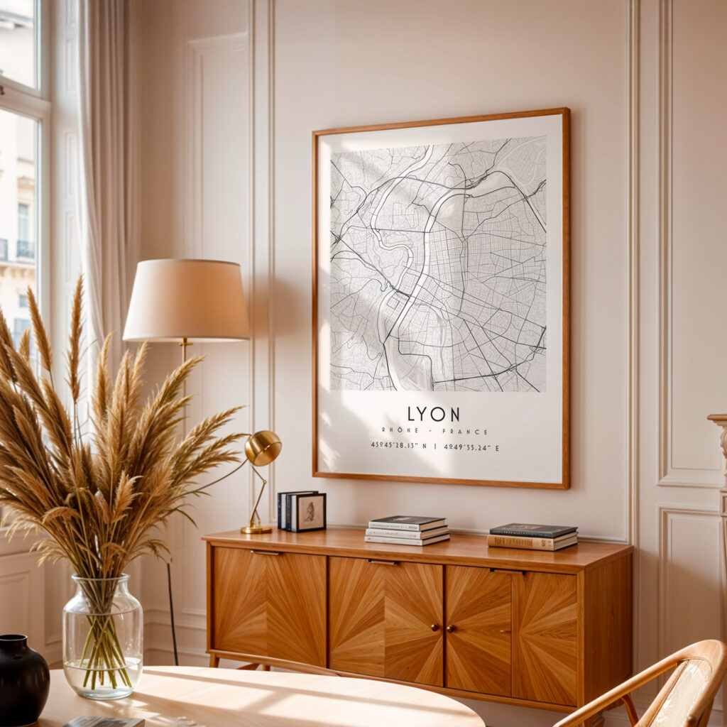Carte de Lyon noir et blanc, affiche encadrée