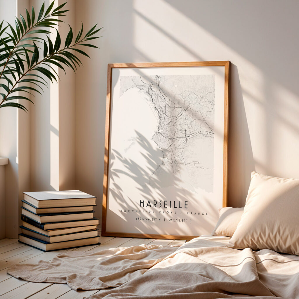 Carte de Marseille noir et blanc, affiche encadrée