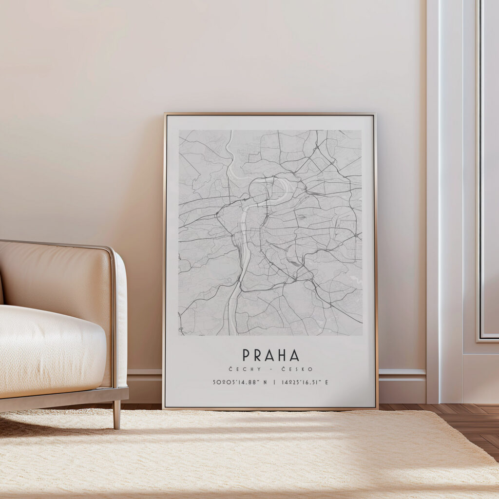 Carte Prague noir et blanc, affiche encadrée