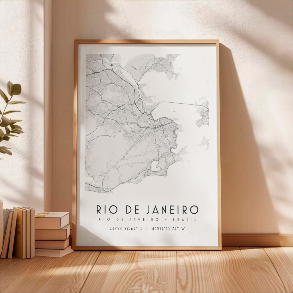 Carte Rio de Janeiro noir et blanc, affiche encadrée