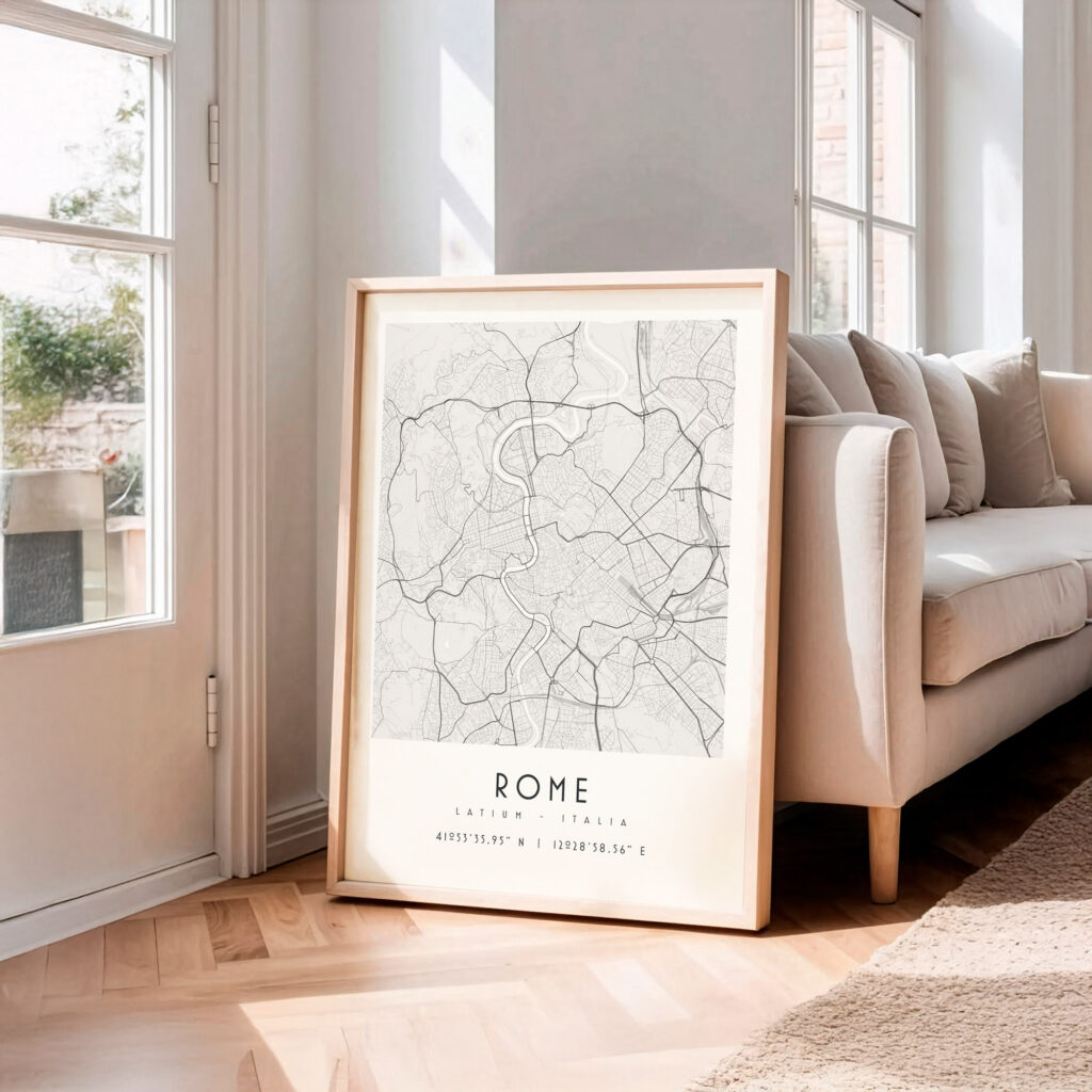 Carte Rome noir et blanc, affiche encadrée