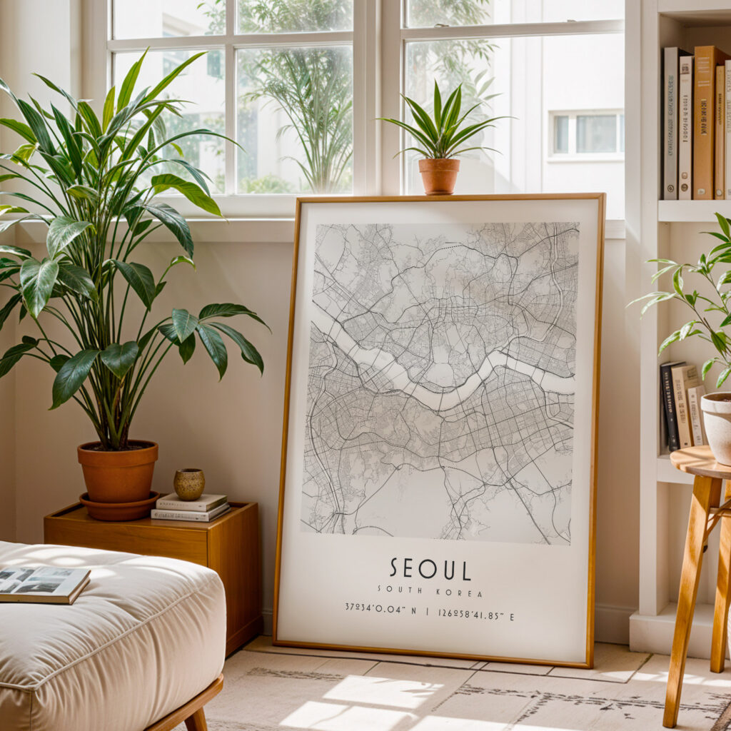 Carte Séoul noir et blanc, affiche encadrée
