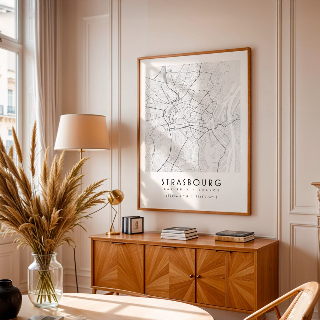 Carte de Strasbourg noir et blanc, affiche encadrée