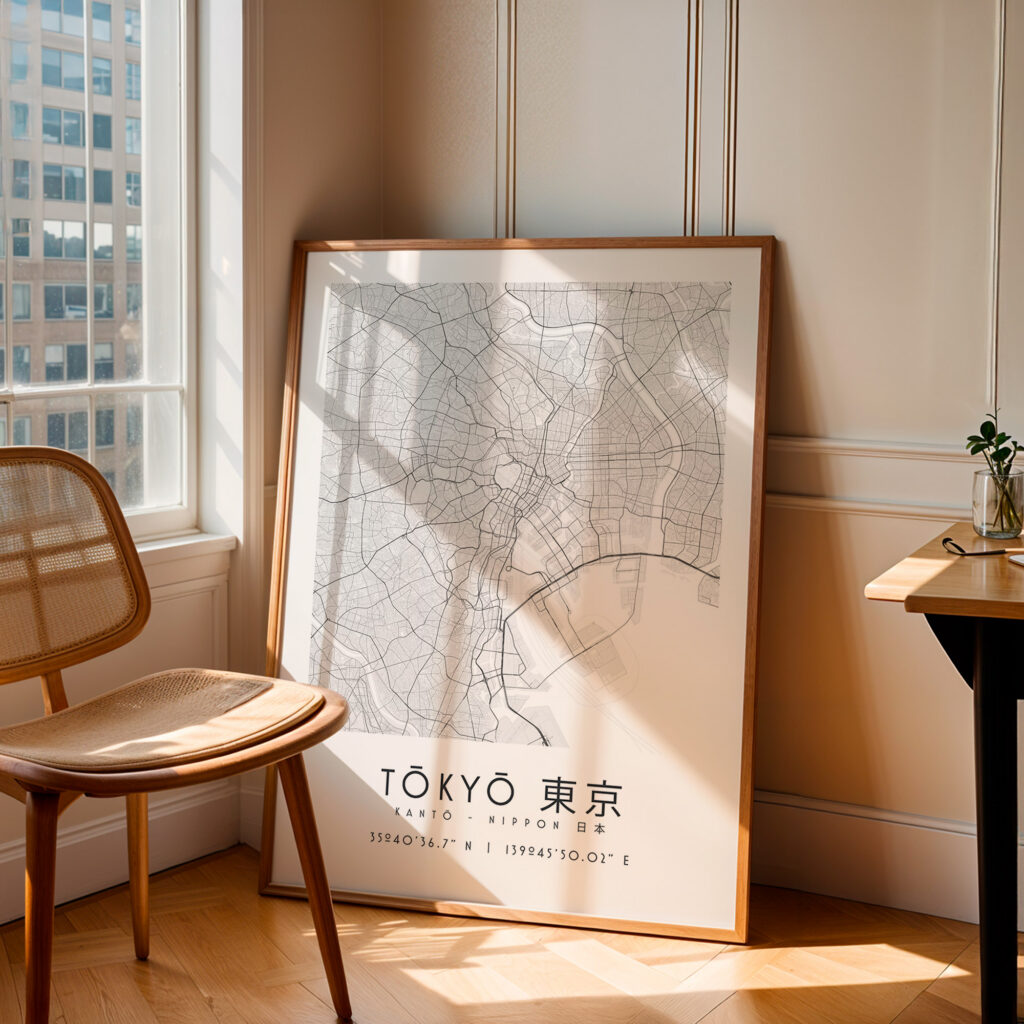 Carte Tokyo noir et blanc, affiche encadrée
