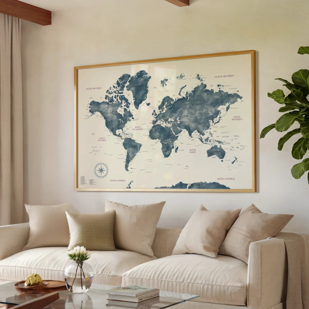 Carte du monde bleue en français encadrée