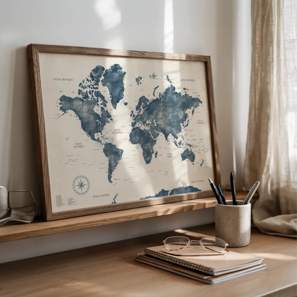 Carte du monde bleue en français encadrée