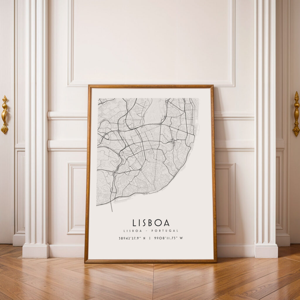 Carte Lisbonne noir et blanc, affiche encadrée