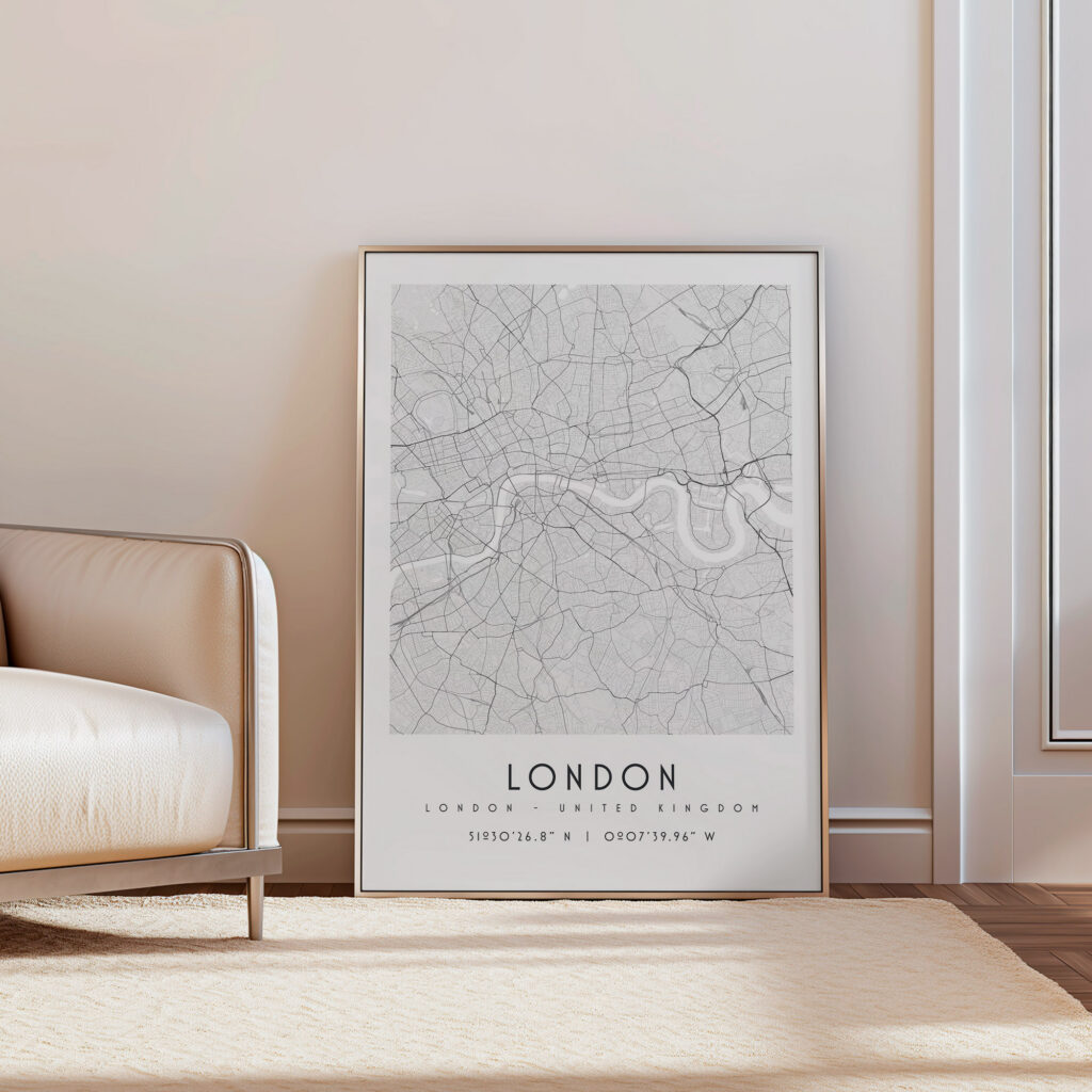 Carte Londres noir et blanc, affiche encadrée