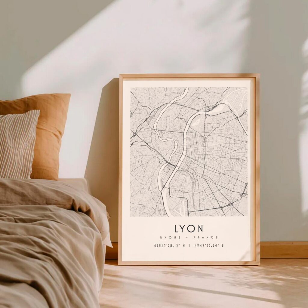 Carte de Lyon noir et blanc, affiche encadrée