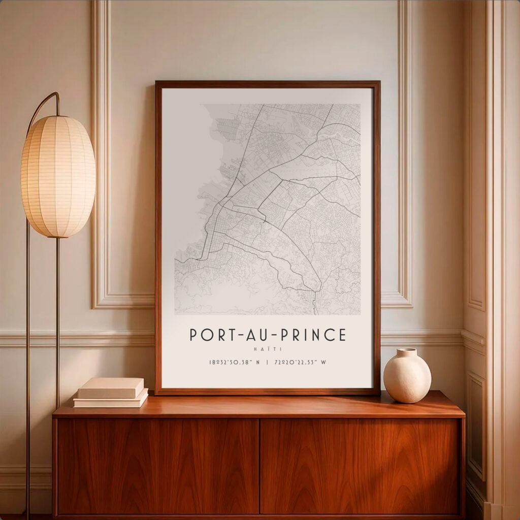 Carte Port-au-Prince noir et blanc, affiche encadrée
